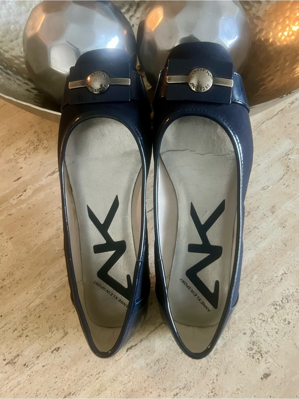 Anne Klein Sport Navy Ballet Flats with Decorative Gold Buckle